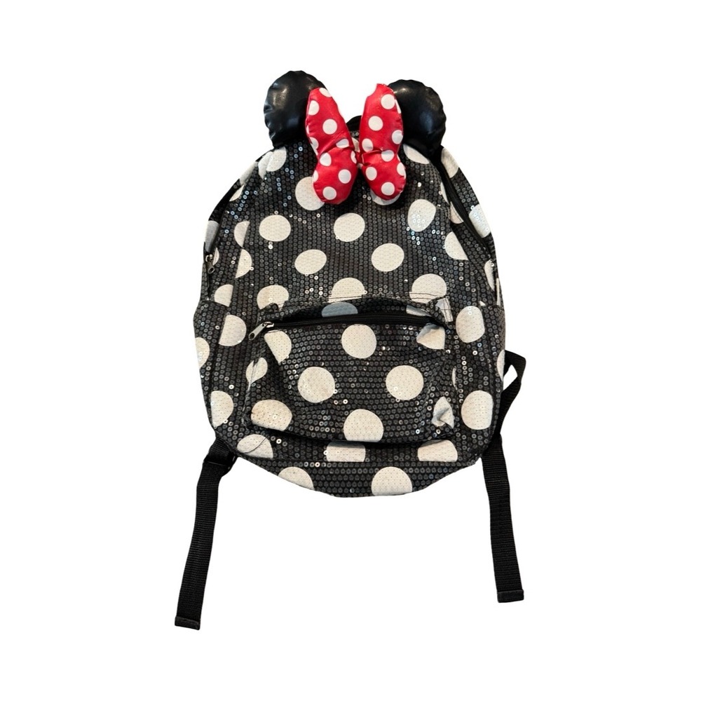Disney Parks Minnie Mouse Sequin Polka‎ Dot Backpack with Ears and Red Bow